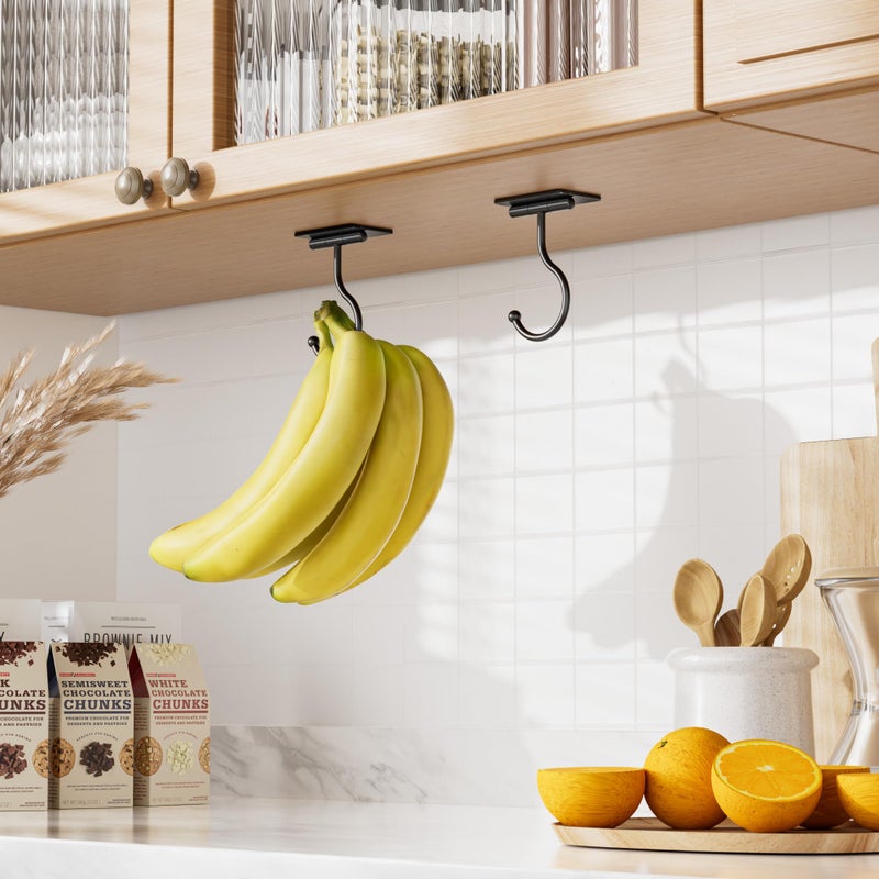 Josmimic Under Cabinet Banana Hook Adhesive - 2 Pack Sticky Banana Hanger Under Counter, Sturdy Metal Banana Holder for Hanging Bananas or Kitchen Utensil, Banana Saver, Keeps Bananas Fresh, Black - Image 2